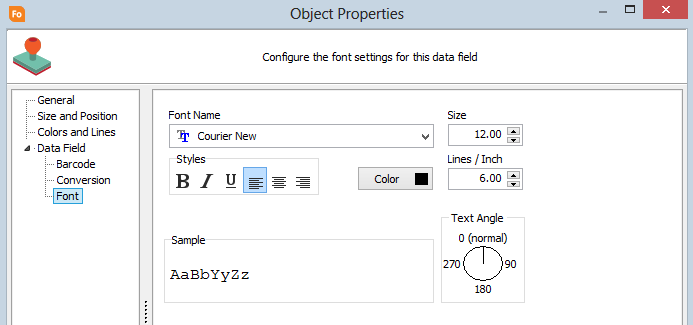 Specifying formatting options for the data field in the object properties dialog. 